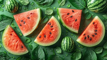 The background of this pattern is green with fresh watermelon slices
