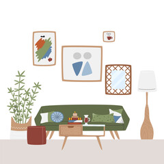 Living room with home decor in mid-century style. Green long sofa with many pillows and elegant floor lamp. Indoor messy retro modern interior design. Lounge zone hand drawn flat vector illustration