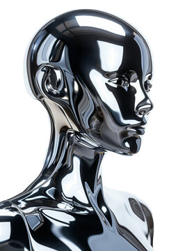 Futuristic chrome woman mannequin isolated. Shiny gloss metal human sculpture. Y2K liquid metal music poster
