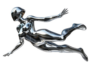 Y2K futuristic chrome woman flying isolated. Melty gloss silver metal mannequin
