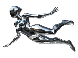 Y2K futuristic chrome woman flying isolated. Melty gloss silver metal mannequin
