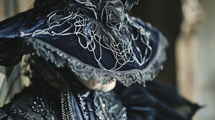 A closeup of a witch costume, focusing on the intricate details of the lace and velvet hat, adorned with dark feathers and a cobweb pattern, Close up