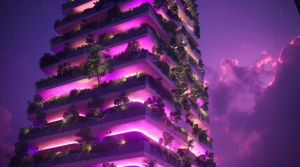 A conceptual design of a skyscraper dedicated to vertical farming, illuminated by purple lights that accentuate each level of plant growth, Close up
