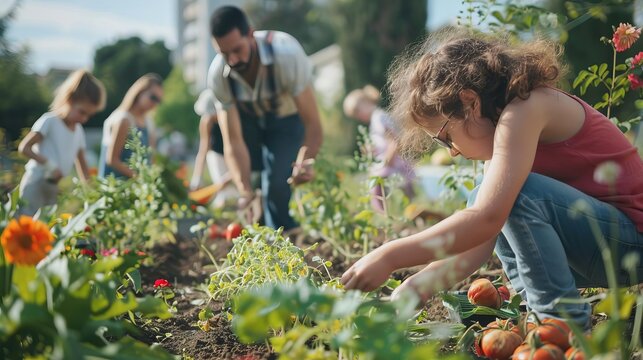A community garden managed by a local cooperative, with people of all ages planting, watering, and harvesting vegetables and flowers, Close up