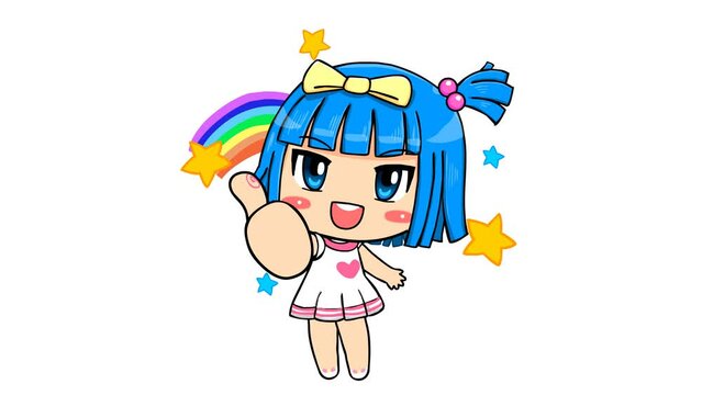Blue-Haired Girl Thumbs Up - Clean White Background