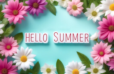 Floral summer background with "HELLO SUMMER" lettering