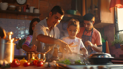 latin family cooking together with children daughter and son in kitchen at home in Mexico Latin America hispanic people : Generative AI