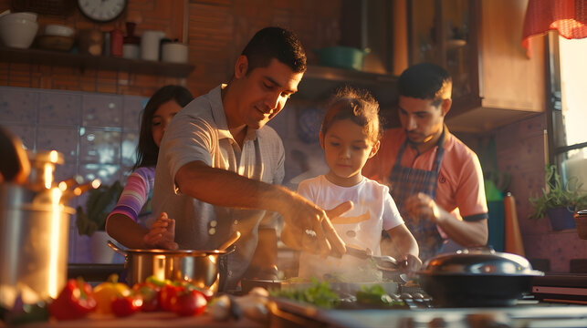 latin family cooking together with children daughter and son in kitchen at home in Mexico Latin America hispanic people : Generative AI