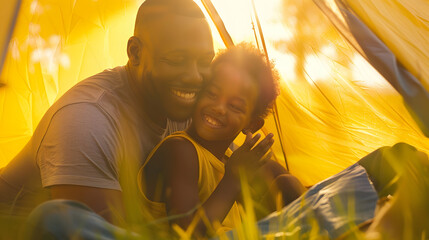 Happy african american son and father playing in tent sunny garden summer childhood fatherhood free time camping fun togetherness and outdoor activities unaltered : Generative AI - Powered by Adobe