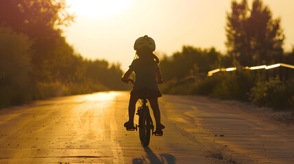 girl kid silhouette bike riding on a park kid girl rides a bike in nature in park on the road happy family kid dream concept daughter plays a bike lifestyle rides on a sandy road : Generative AI