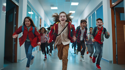 Front view of happy diverse school kids running in corridor at school : Generative AI
