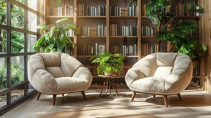 therapists cozy office, therapists office comfy chairs, self-help books on bookshelf, creating a tranquil setting for counseling sessions