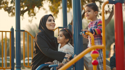 Obraz premium Cinematic image of a woman from the emirates with her children having fun at the playground : Generative AI