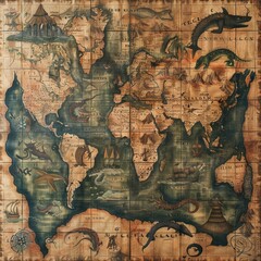 A historic explorer's map, filled with mythical creatures and uncharted lands