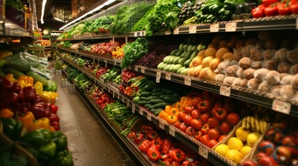 A broad view of brightly colored vegetables organized on shelves in a grocery store, highlighting the idea of health-conscious shopping and eating