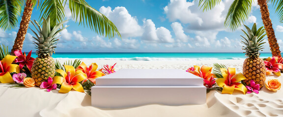 Empty product podium with tropical flowers and pineapples on a white sand seashore background and palm trees Summertime template Vacation Generative AI