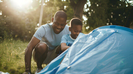 Happy african american son and father pitching tent together in sunny garden summer childhood fatherhood free time camping togetherness and outdoor activities unaltered : Generative AI
