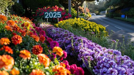 A vibrant display of colorful flowers lines the roadside in front of the property at 2025