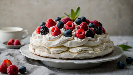 Pavlova cake with whipped cream and berries on a neutral background in rustic style.