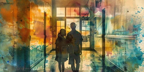 A watercolor painting of a school hallway with two children holding hands walking away from the...