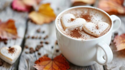 Cup of hot chocolate with heart-shaped marshmallows and autumn leaves. Closeup photo with selective focus. Autumn and comfort food concept