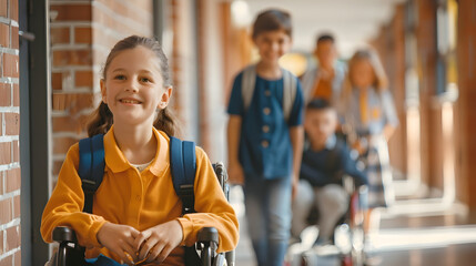 Front view of happy diverse school kids standing in outside corridor at school while a Caucasian schoolgirl is sitting on wheelchair in foreground : Generative AI
