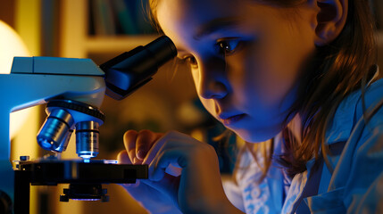 Girl using microscope at home or classroom Curiosity is the key of successful learning experience in early childhood education : Generative AI