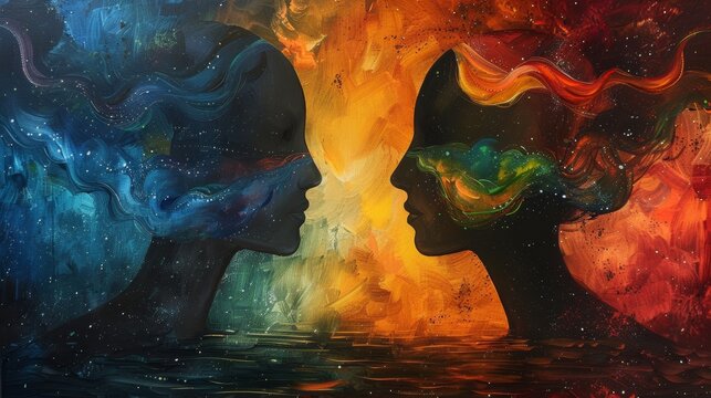 metaphysical connection, two minds share a vibrant spectrum of ideas, embodying the metaphysical bond of exchanging thoughts through colorful flow