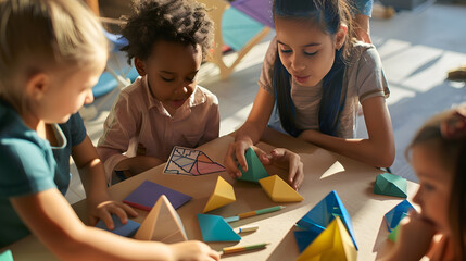 teacher and kids playing with geometric shapes : Generative AI