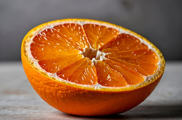 An orange slice, the outline of a tenderloin, on a wooden table, full depth of field