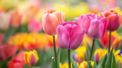 Colorful Double Tulips in a Flower Bed Vibrant Floral Background with Spring Flowers