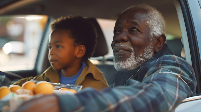 Happy african american grandfather and grandson putting groceries in car family lifestyle childhood togetherness healthy living shopping and food unaltered : Generative AI
