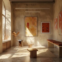 Create an art gallery interior with a large window, paintings on the walls, a rug on the floor, and a few benches for seating