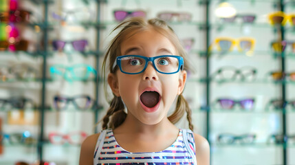 Store portrait and child excited for eyeglasses lens frame and scream for optical eyewear ocular wellness or optometry service Happy energy vision support or young kid girl with eye ca : Generative AI