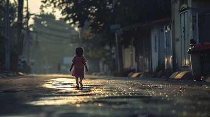 Child flood victim walks alone on the street High quality photo : Generative AI