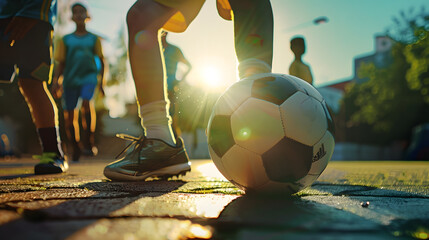 Close Up Shot  Young Boy Stopping a Ball with his Foot Young Football Players Getting Ready to Start a Soccer Match in Neighborhood Pitch Enjoying Childhood with Sports Action and Frie : Generative AI - Powered by Adobe