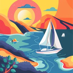 Naklejka premium Create a vector illustration of a sailboat on a lake with a mountain backdrop