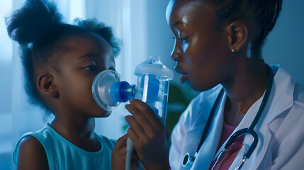 Young African female Doctor helping to little girl with nebulizer mask Medical doctor applying medicine inhalation treatment on a little girl with asthma inhalation therapy by the mask : Generative AI