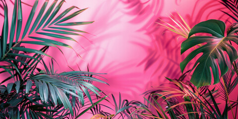 Tropical bright colorful background surface with exotic tropical palm leaves and copy space. Minimal trendy summer backdrop.