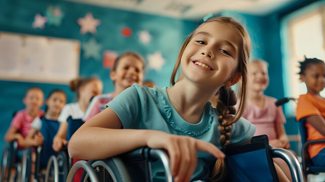 Caucasian schoolgirl in wheelchair with diverse schoolchildren in school classroom Education inclusivity school learning and disability concept : Generative AI