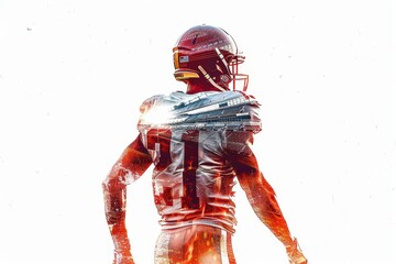 A double exposure photo showing an American football player's back, with the stadium and field visible within his body, isolated on a white background Generative AI