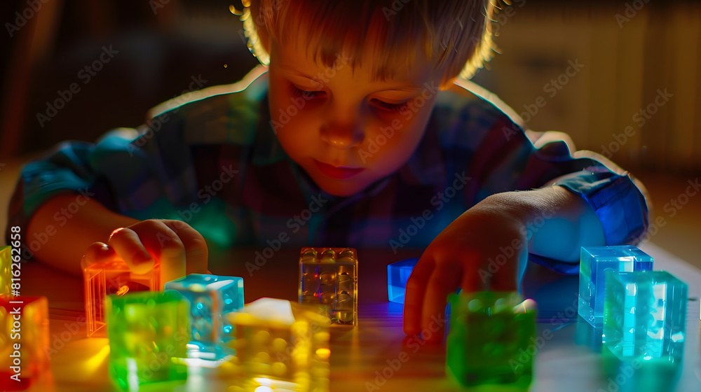 Poster the boy plays colorful multicolored cubes on the table early development and learning bright constru