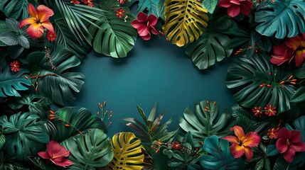 Tropical jungle with flower copy space, whimsical colorful photorealistic jungle vegetation vignetted background.