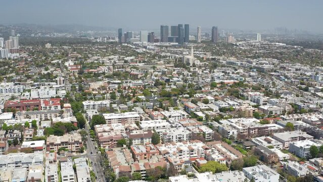 Aerial shot of Santa Monica, Los Angeles, Century City, Westwood, Traffic 24
