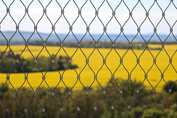 Close-up of a chain-link fence with a landscape with a flowering field of rapeseed in the background - Powered by Adobe