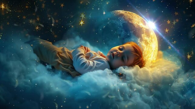 a small child sleeping on a cloud accompanied by a very beautiful moon and stars. seamless looping time-lapse virtual 4K video Animation Background.