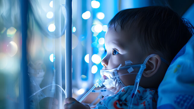 Toddler boy in intensive care unit or icuCovid19 coronavirus toddler boy wearing IV tube looking out window in hospitalSick patient child baby boy in icuCancer Pediatric Dengue fevermo : Generative AI