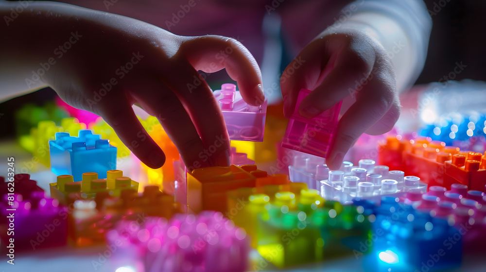 Poster close up of childs hands playing with colorful plastic bricks at the table toddler having fun and bu