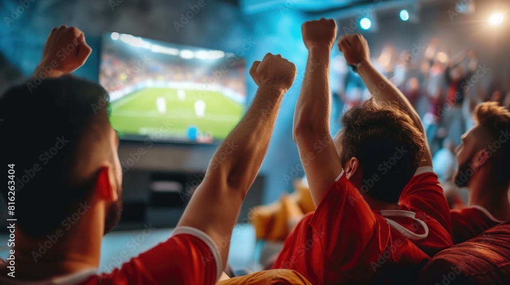 Wall mural a group of fans enjoying a soccer match on a couch, captivated by the television, football tv experi