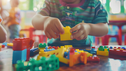 Little boy hands of little children play blocks in classroom Learning by playing education group...